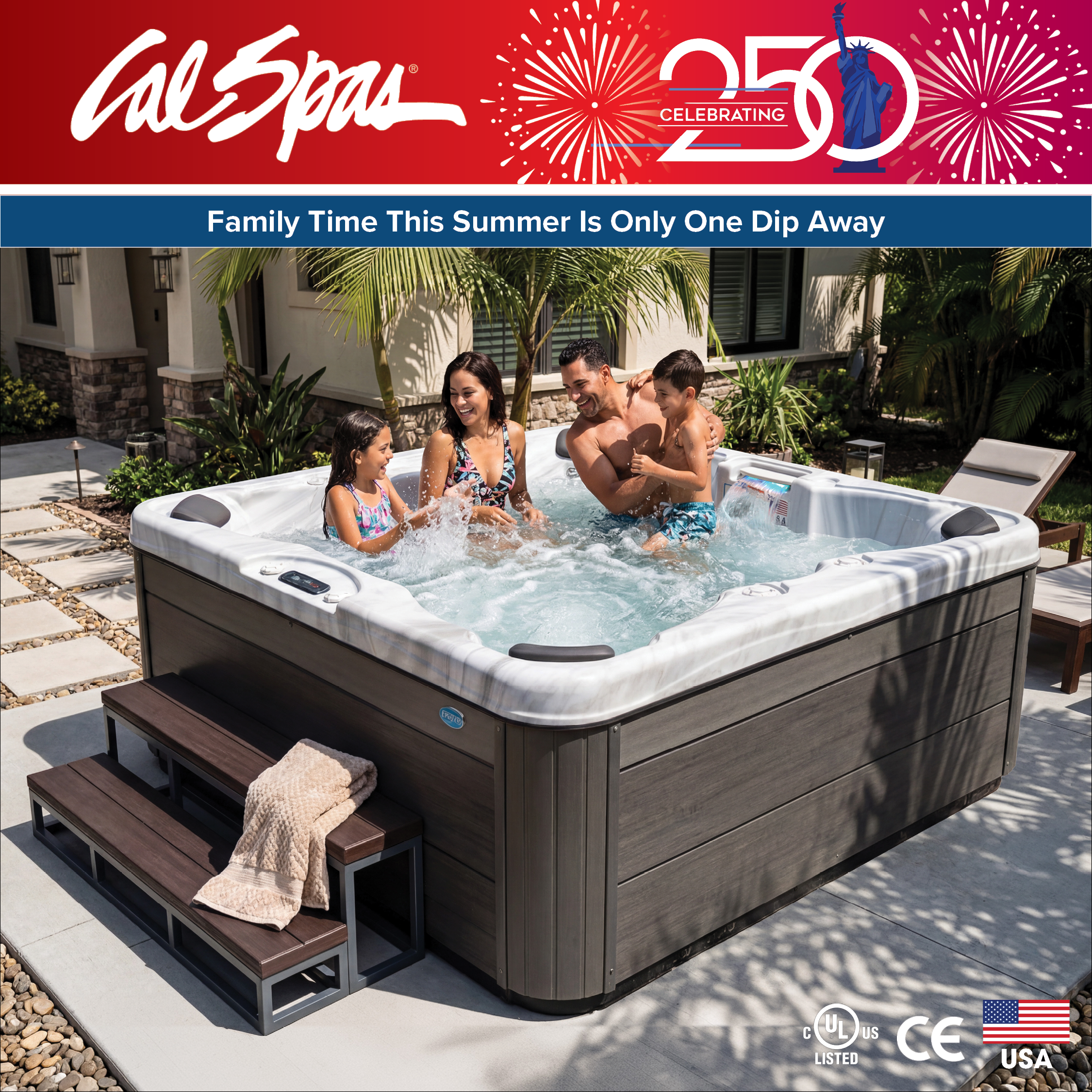 Calspas hot tub being used in a family setting - Huntington Beach